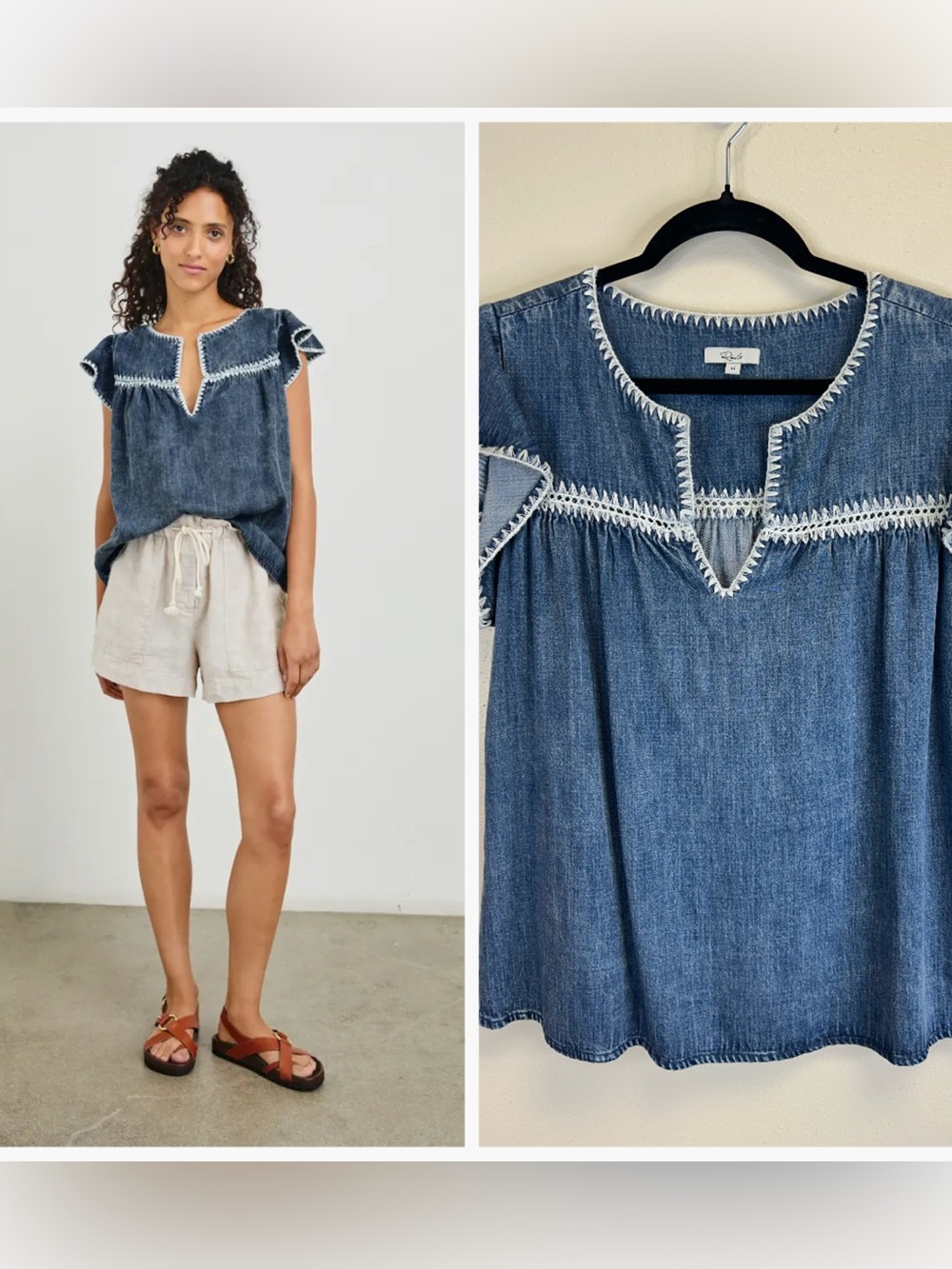 Rails Denim Embroidered Top Size M Luxury Designer Boho Hippie Cottagecore